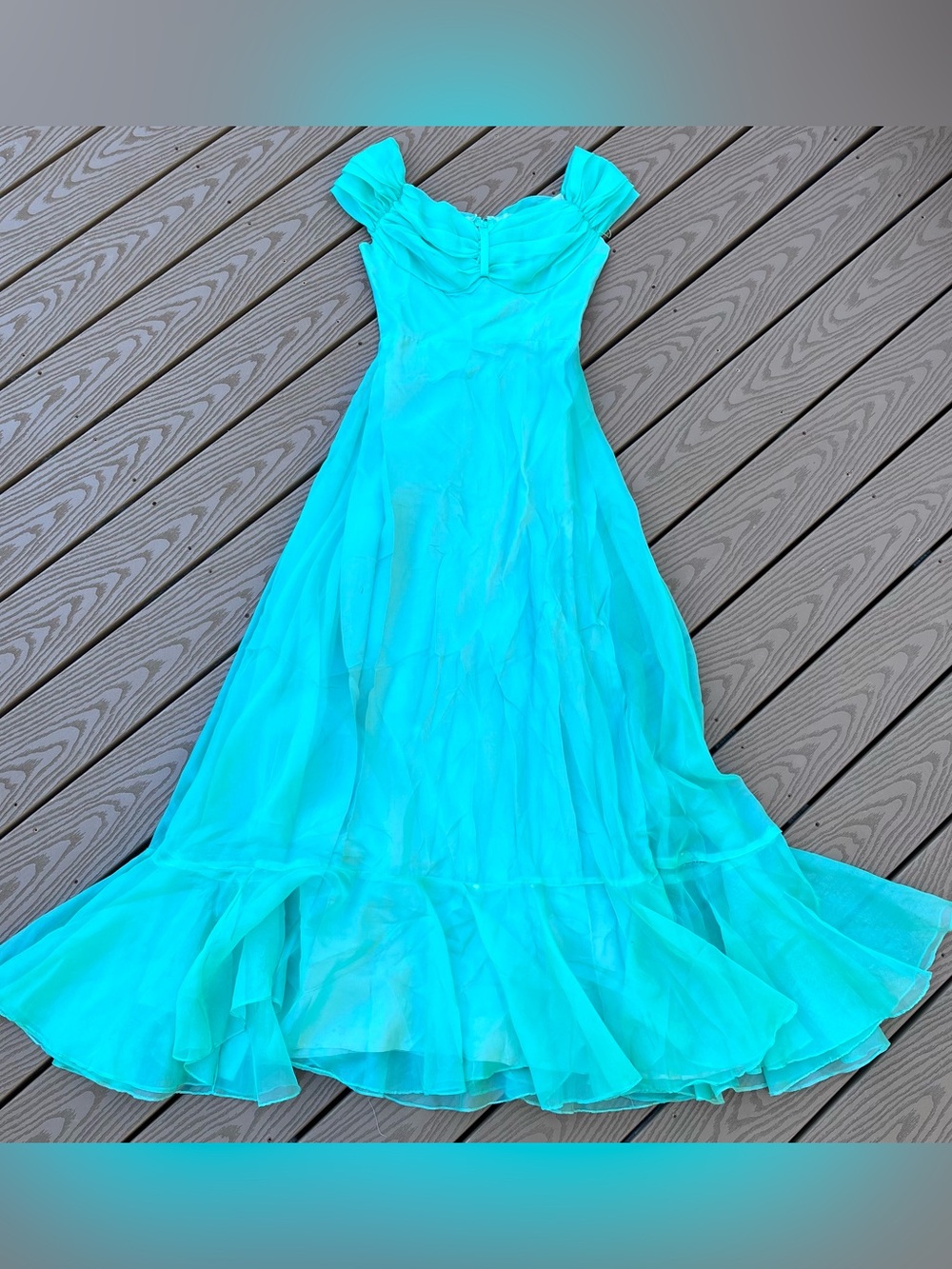 Vintage 60’s 70’s Blue Teal Sweetheart Chiffon Maxi Goddess Formal Gown.